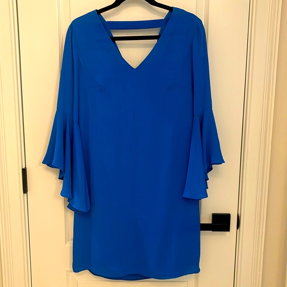 White House Black Market, cobalt blue dress with Exaggerated bell sleeves. Sz4